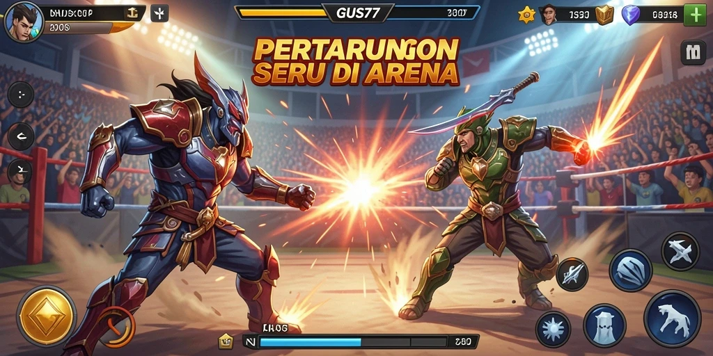 Screenshot gameplay GUS77 menampilkan pertarungan seru dan karakter unik.