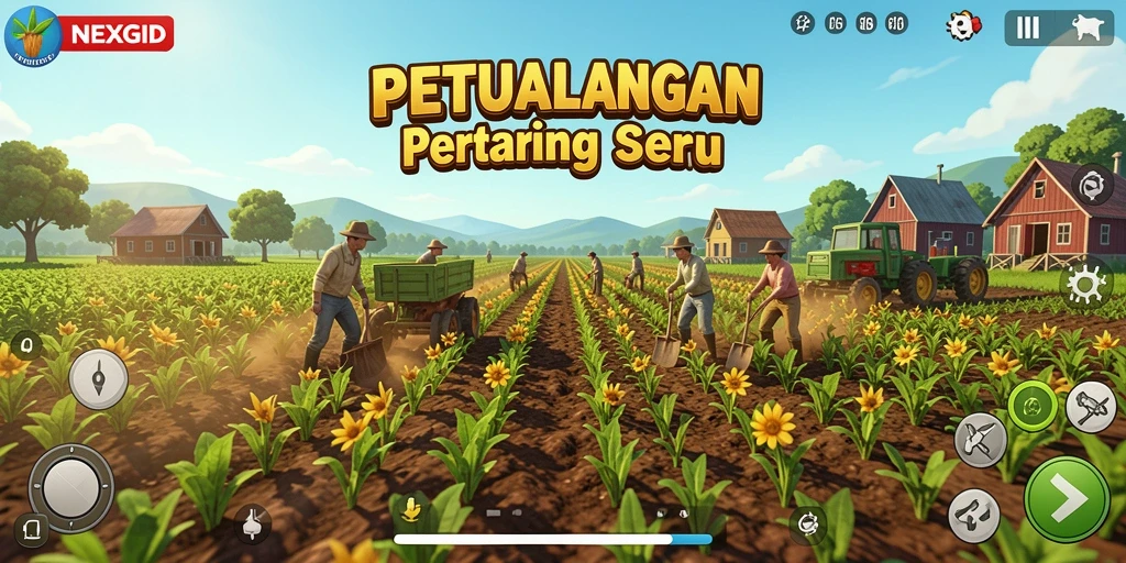 Tampilan menarik dari gameplay NEXGID yang menunjukkan kegiatan bertani.